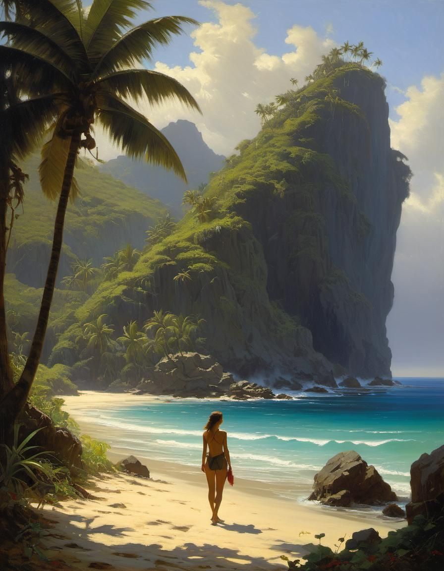 Lush Island Oasis in Oil Painting Style