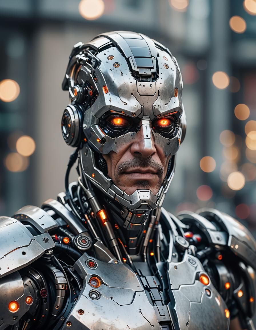 Middle age Cyborg, full screen mode, Professional photography, bokeh, natural lighting, canon lens, shot on dslr 64 mega...