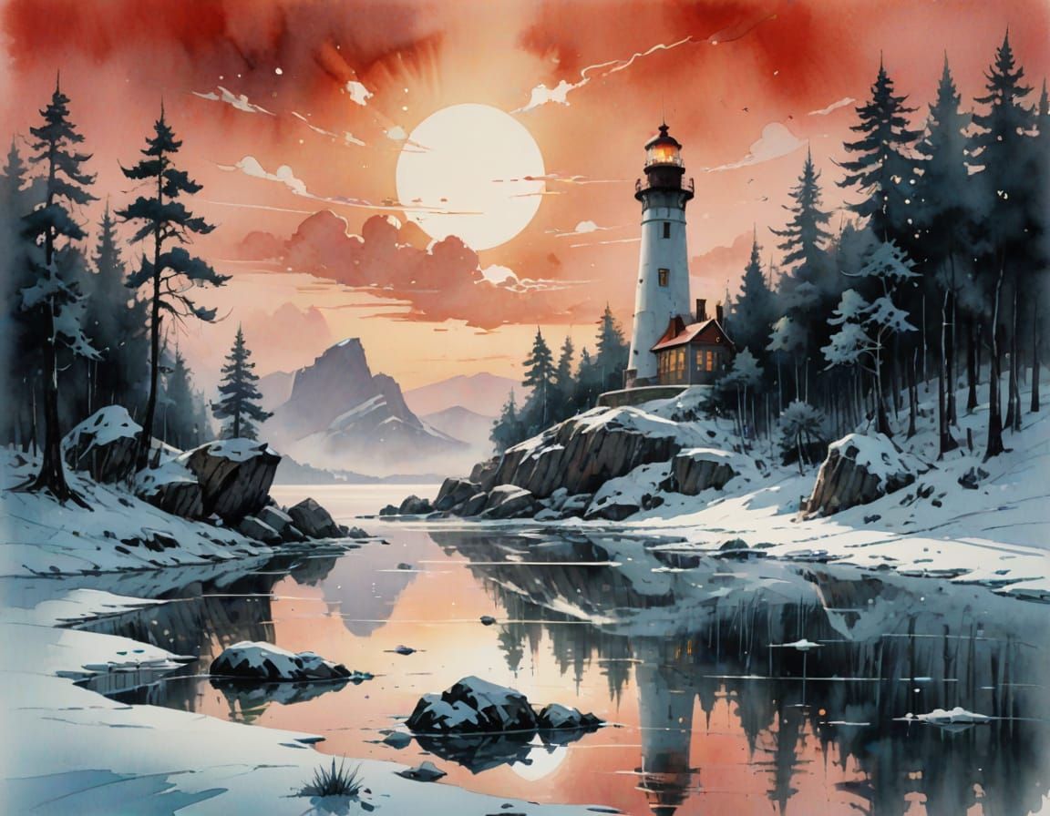 Lighthouse on Frozen Lake: Digital Matte Painting