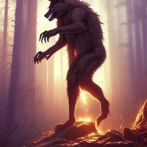 Steampunk Werewolf in Burning Forest Fantasy Art