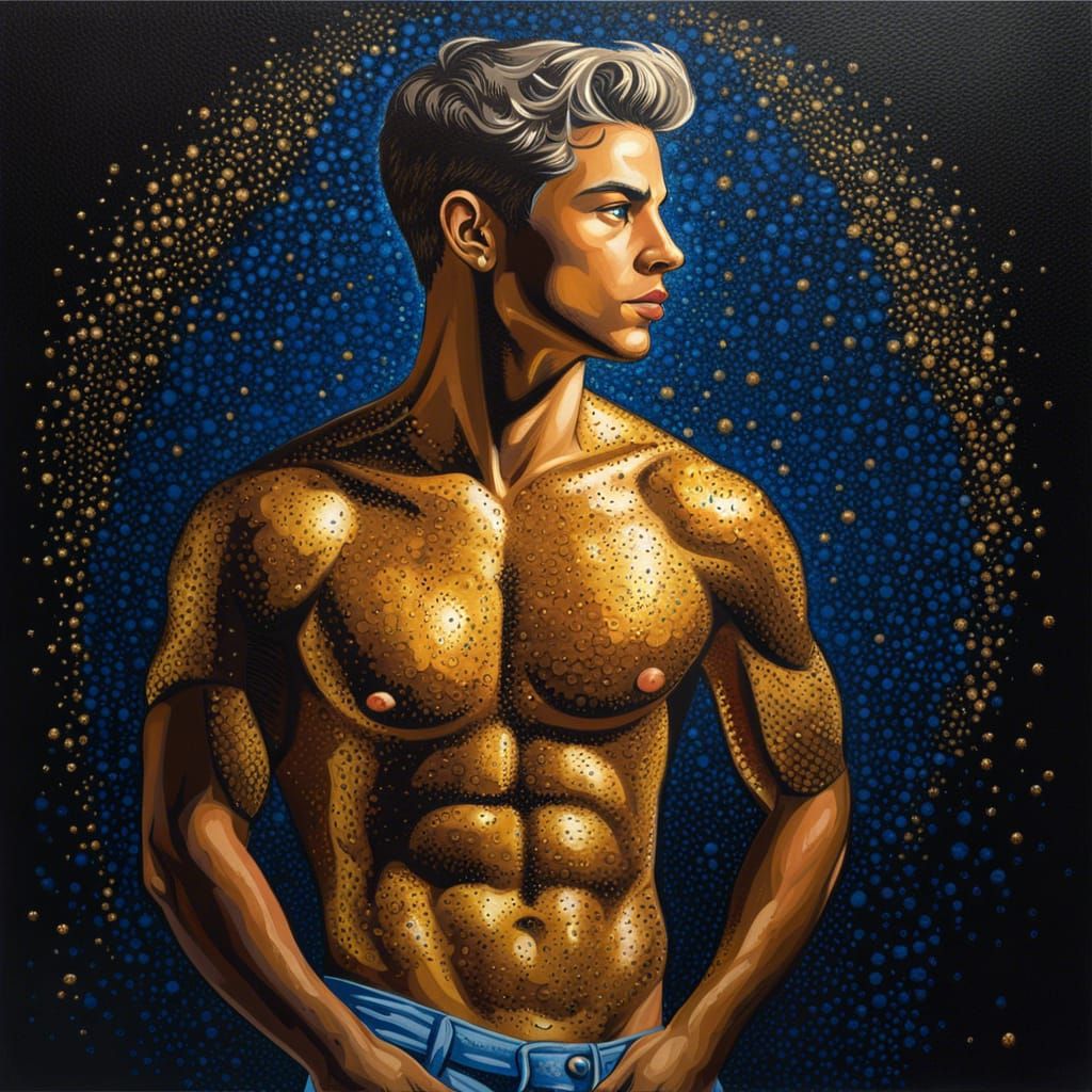 Pointillist Male Figure Taking Off Shirt in Oil Paint