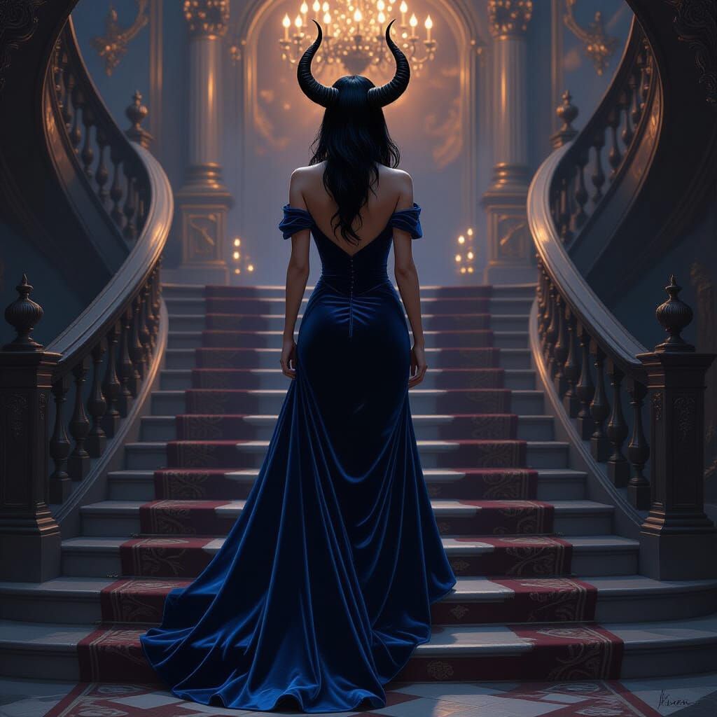Tiefling in Velvet Dress Ascends Ballroom Staircase