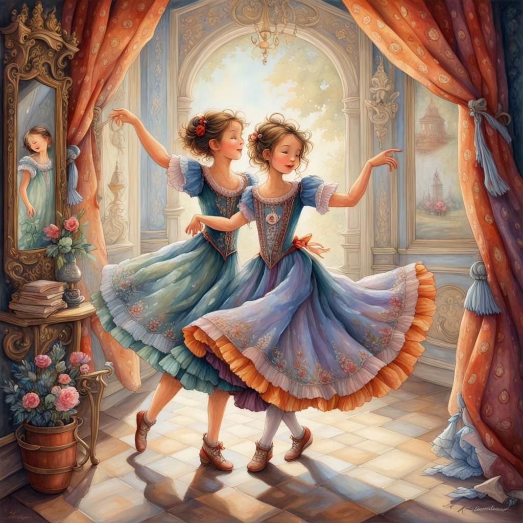 Friends Dancing in Storybook Baroque Illustration