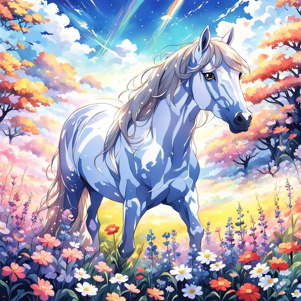 Horse in Flower Meadow, Anime Style