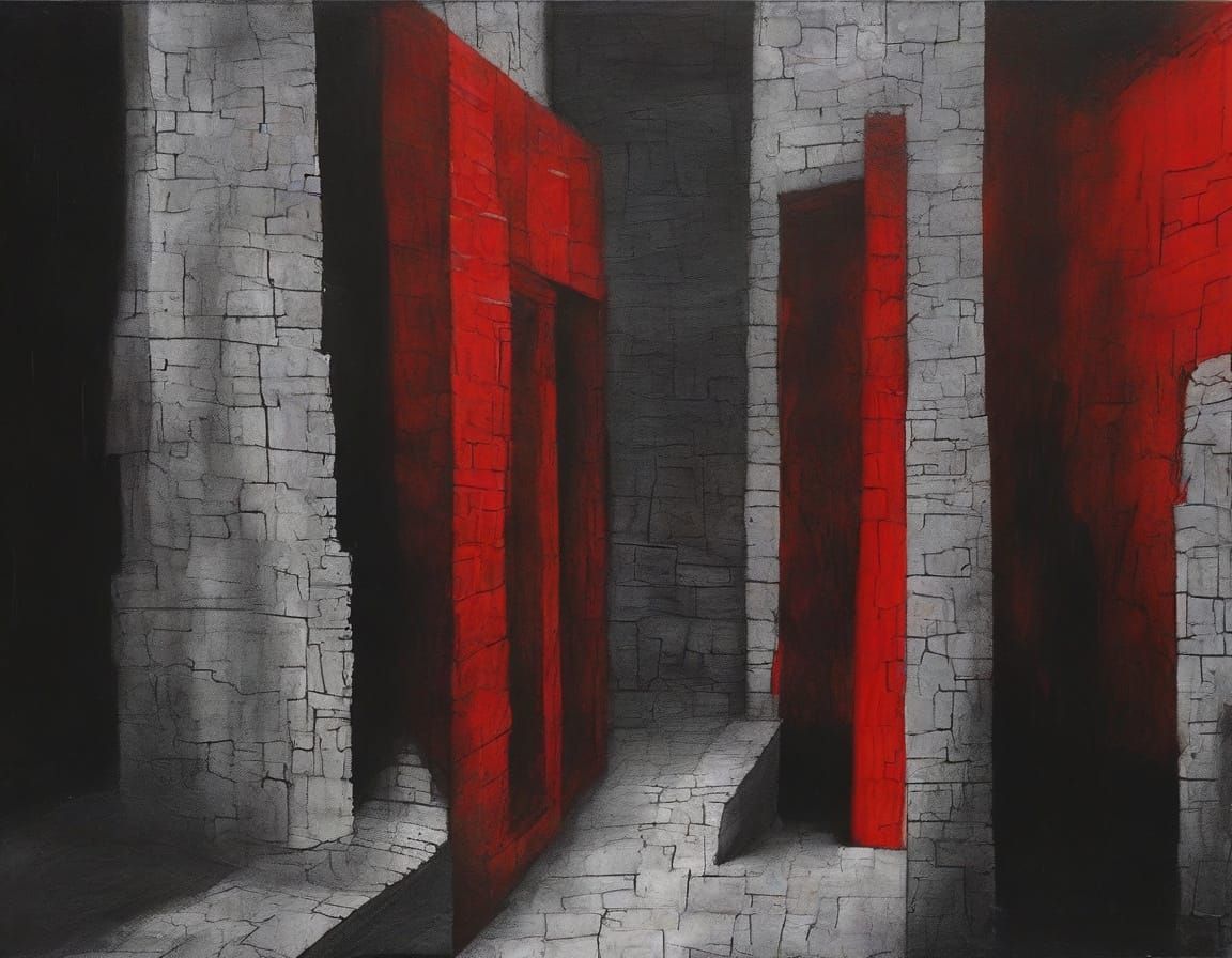 Gothic Expressionism: Dual-Faced Figure in Brutalist Maze