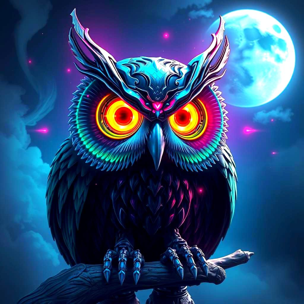Neon Mechanical Owl in Psychedelic Nightmare