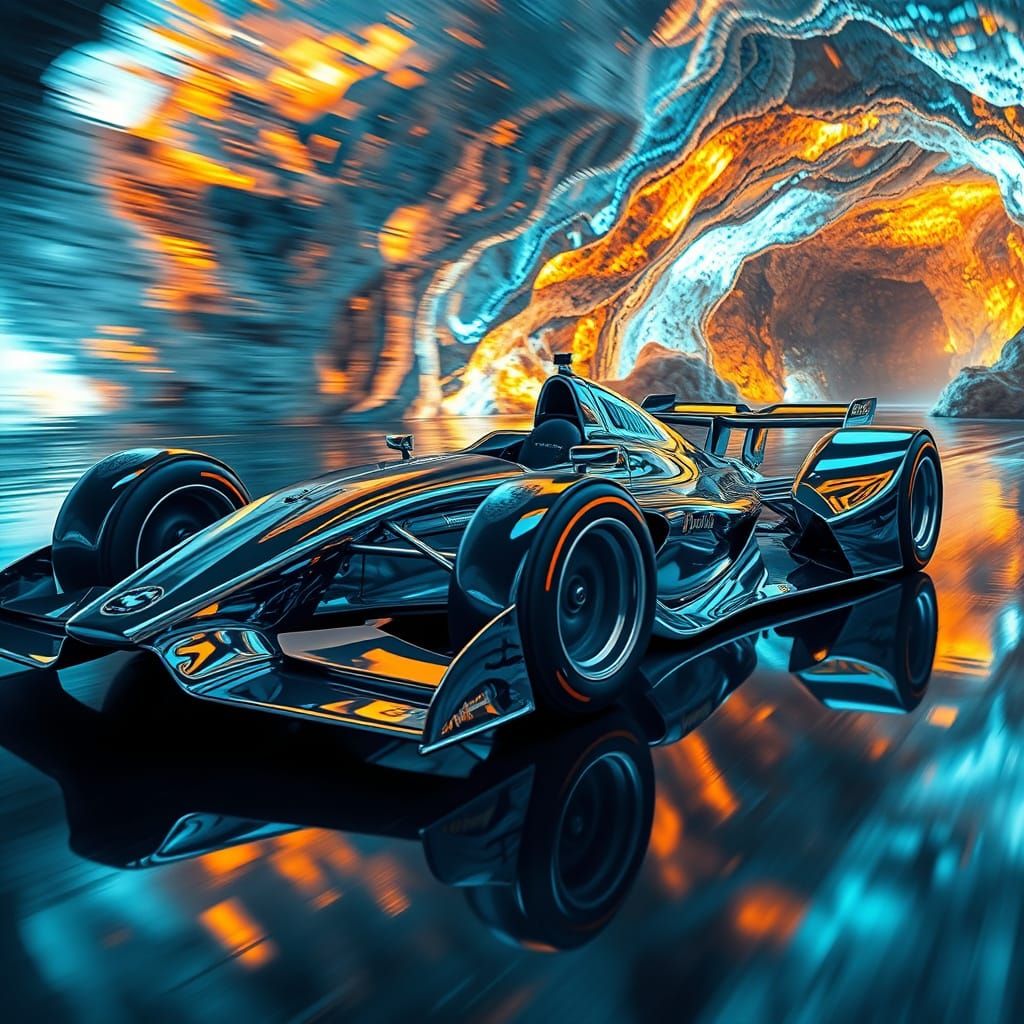 Sleek Chrome F1 Car Speeds Through Bioluminescent Cavern