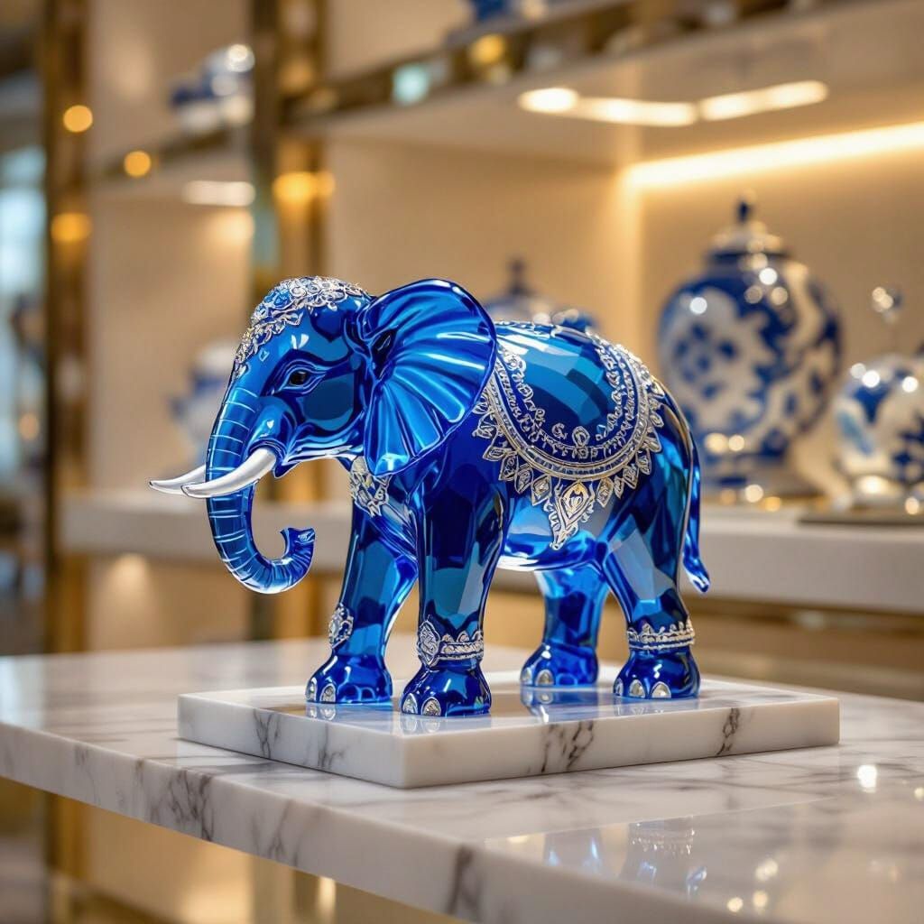 Blue Crystal Elephant Sculpture in Fabergé Style