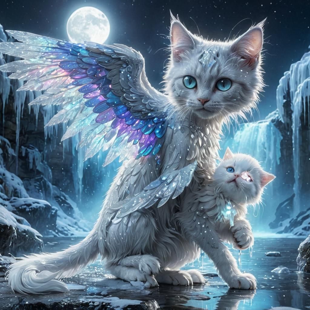 Winged Cat Creature with Kitten, Digital Art