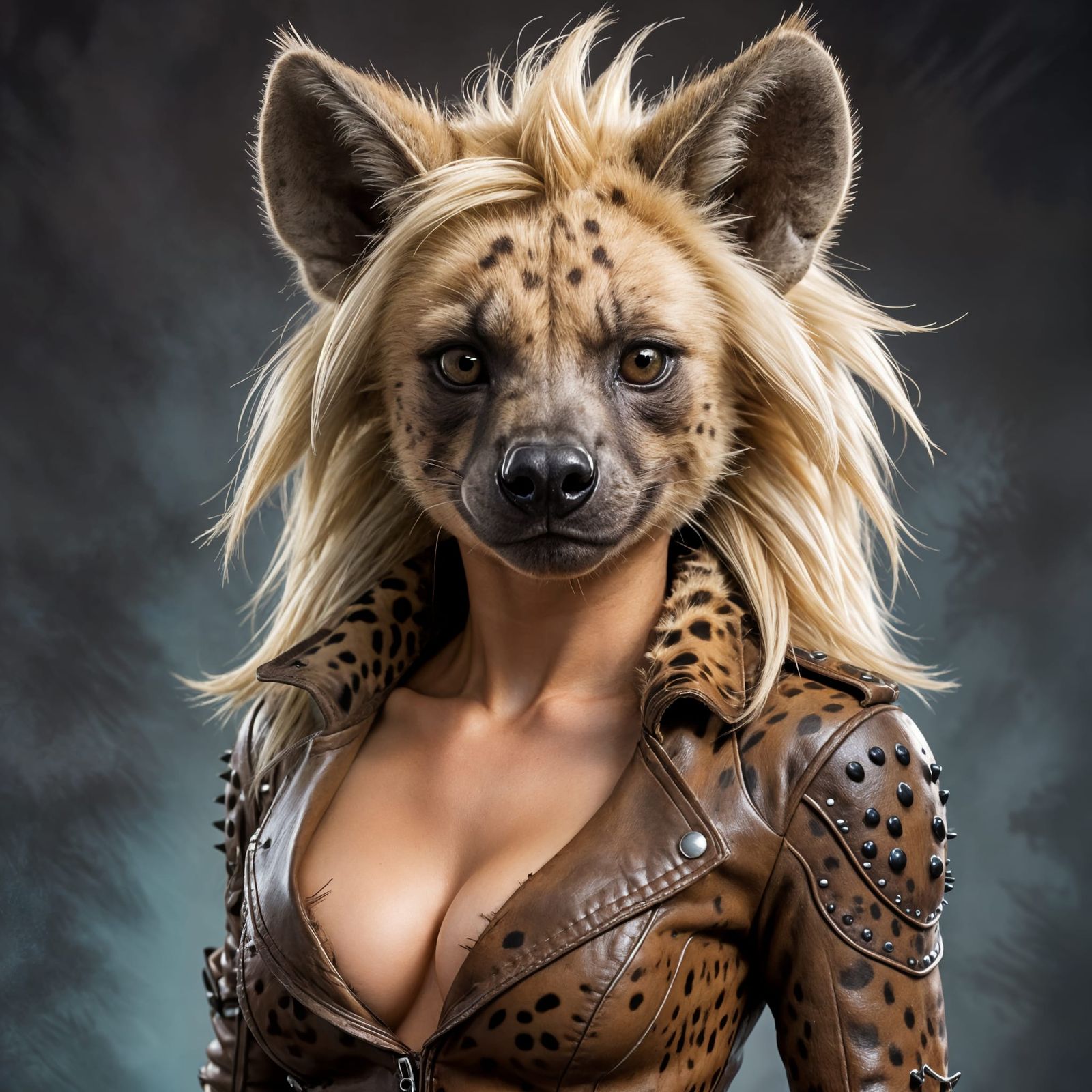 Fierce Blonde She-Hyena in Leather Attire