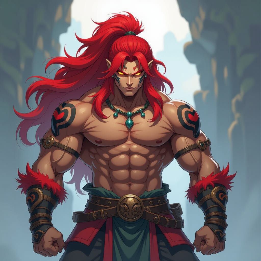 Muscular Red-Haired Warrior in Anime Style