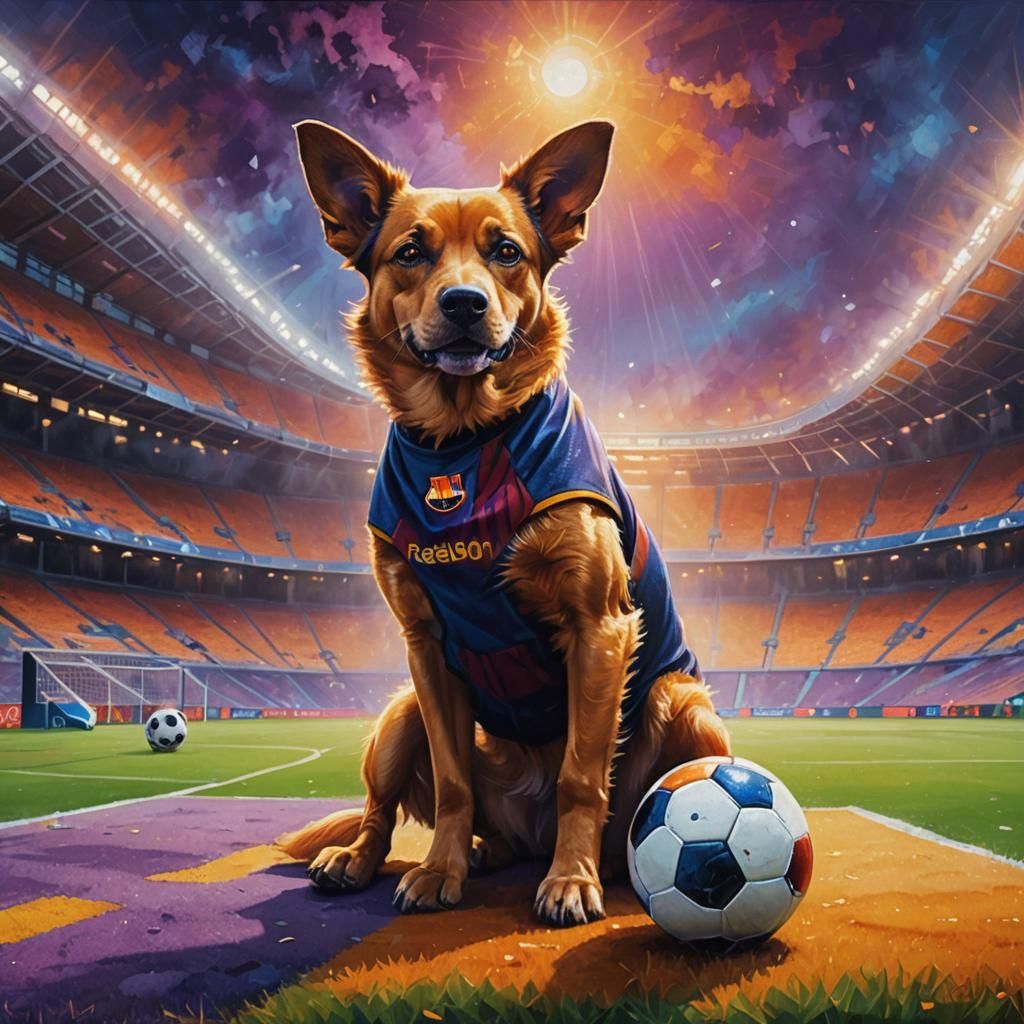 FCB Barcelona Dog in Dreamlike Stadium: Oil Painting