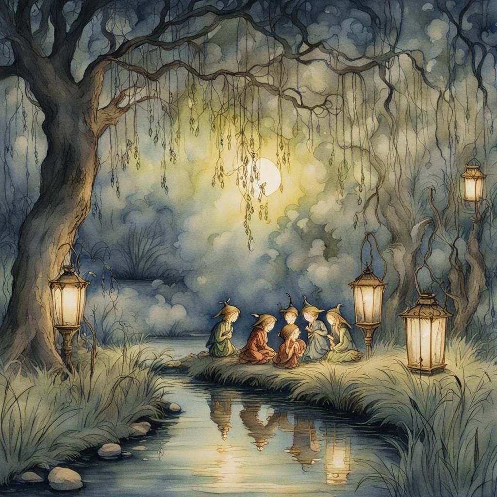 Fairies and Elves in Arthur Rackham Watercolour