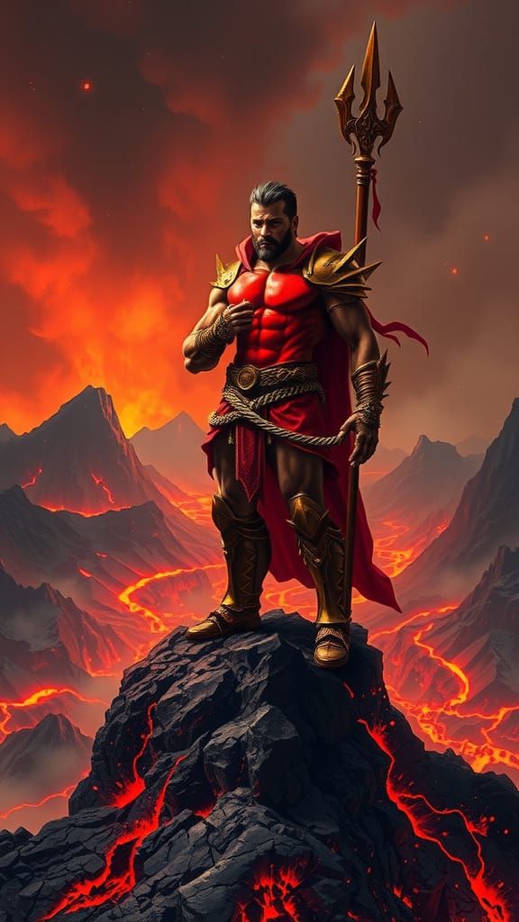 Crimson Armored Warrior Overlooking Fiery Landscape
