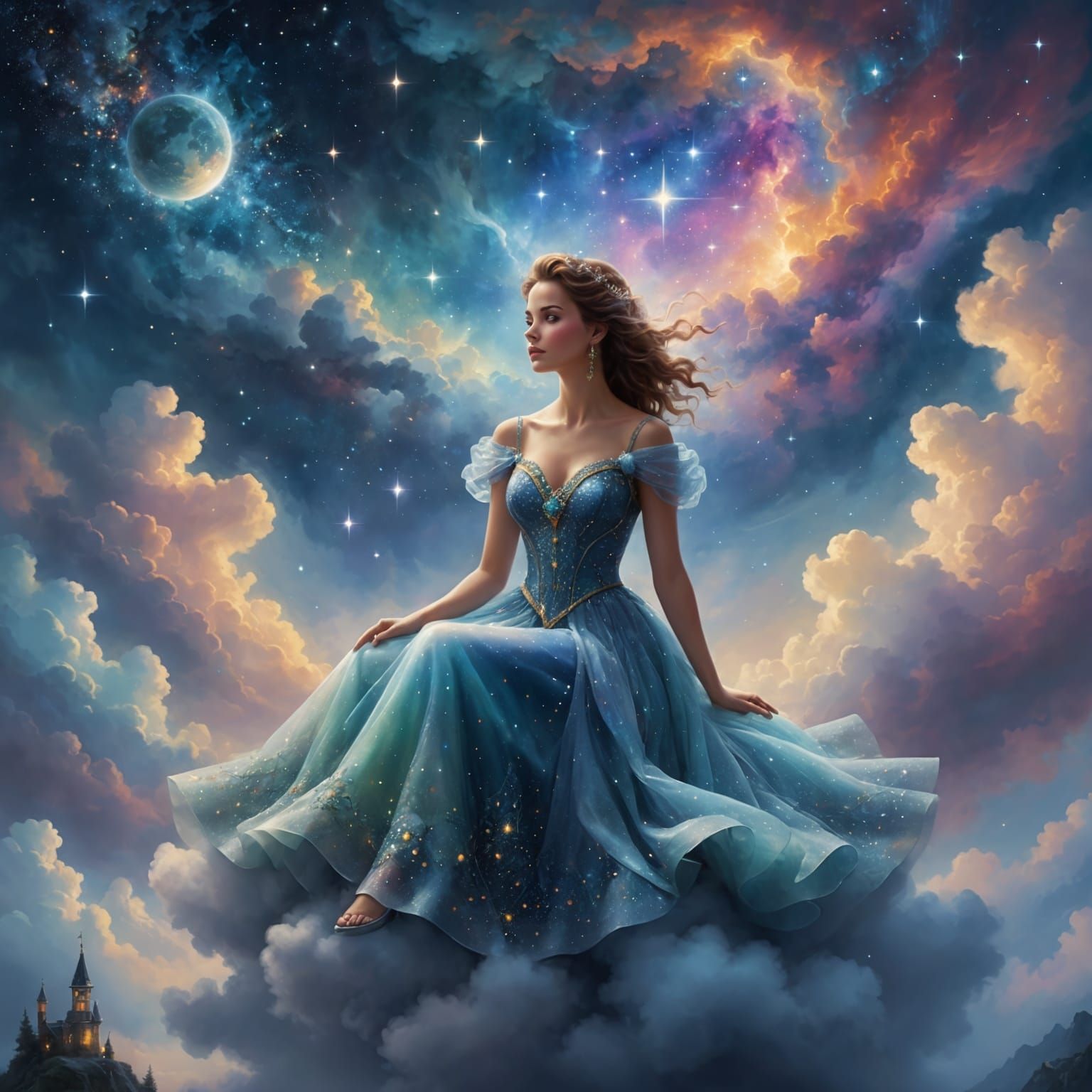 Ethereal Woman in Universe Dress on Cloud