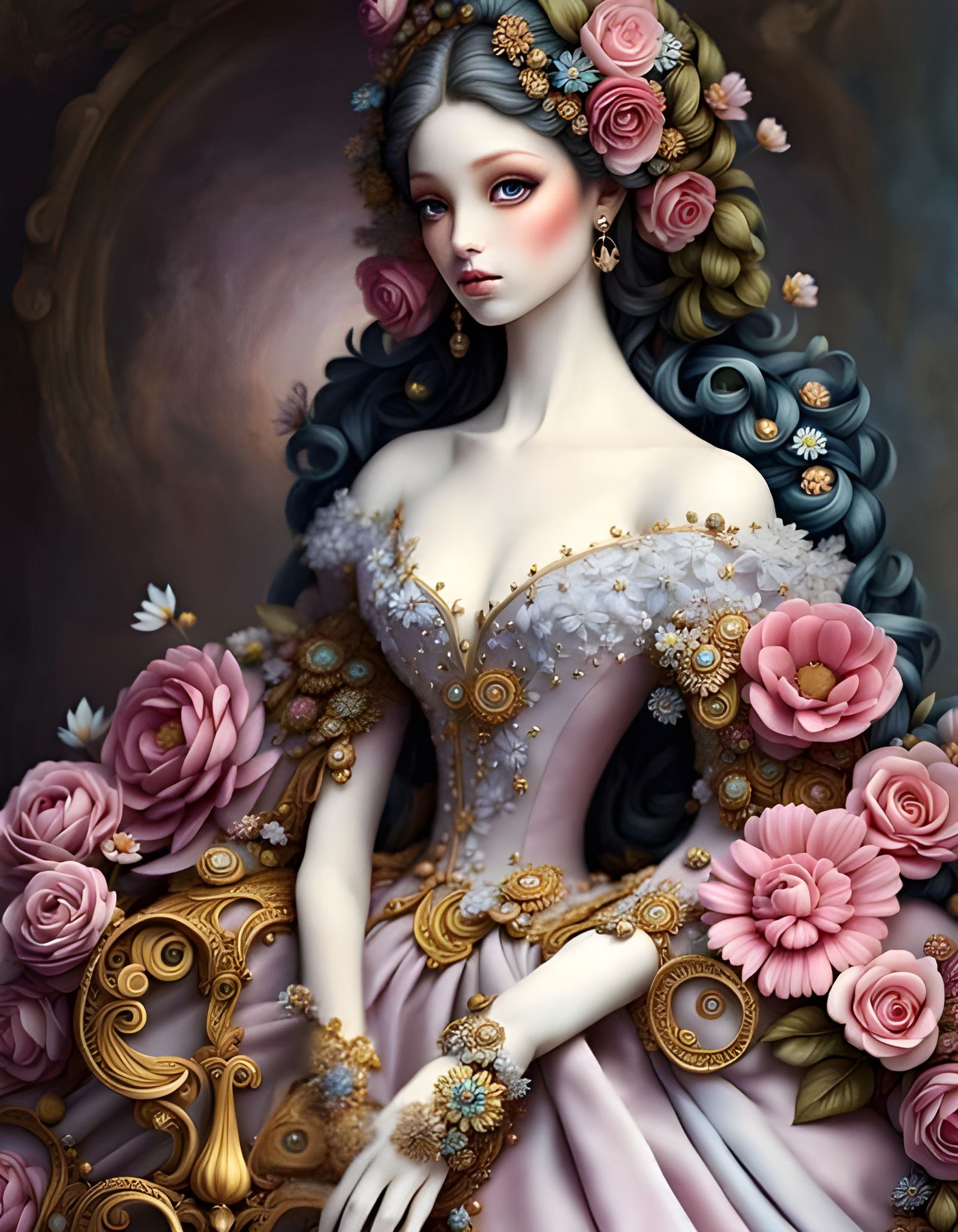 Ornate Doll with 3D Surreal Flowers Fantasy Art