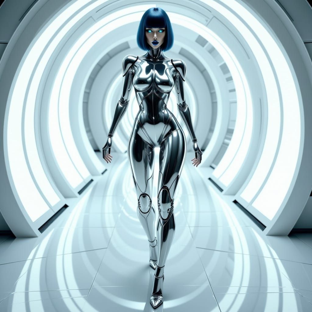 Seductive Chrome Goddess in Cyberpunk Corridor