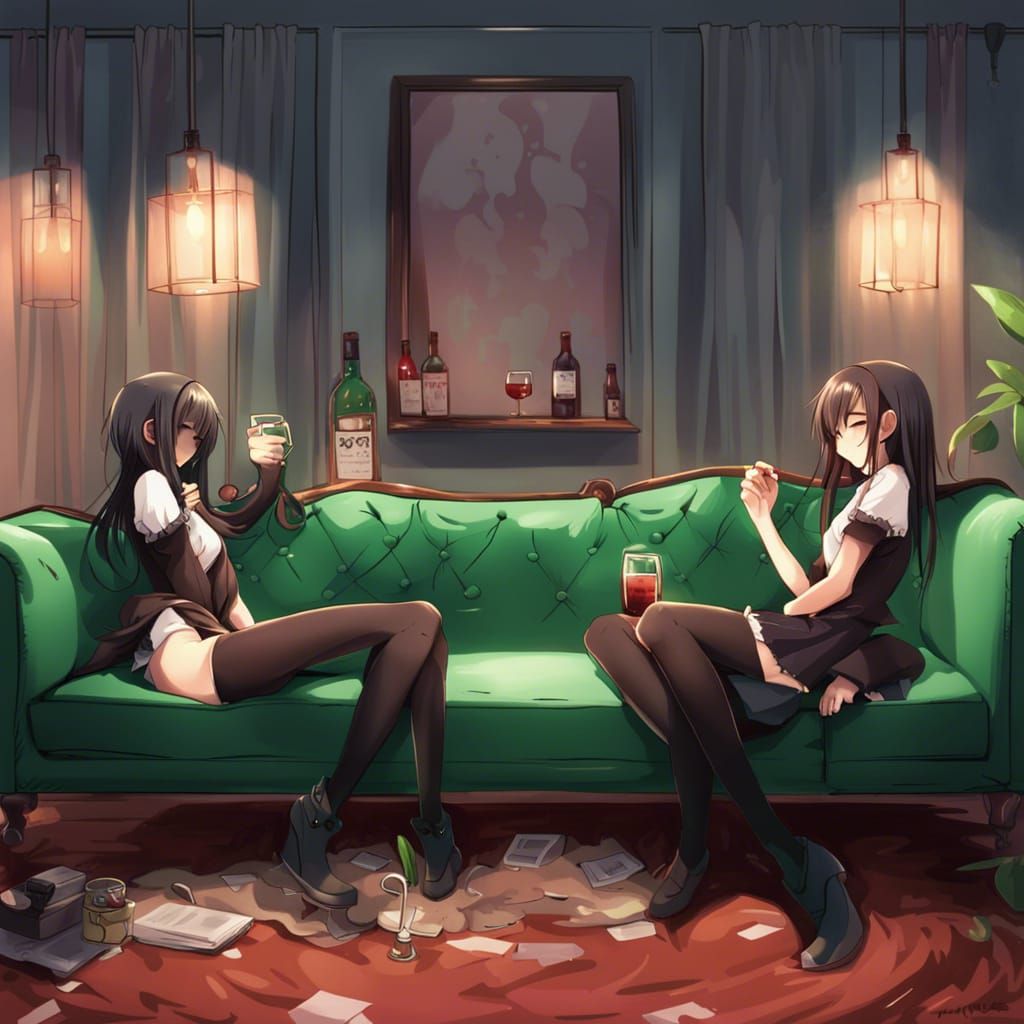 Anime Style: Sisters Relaxing on a Green Sofa