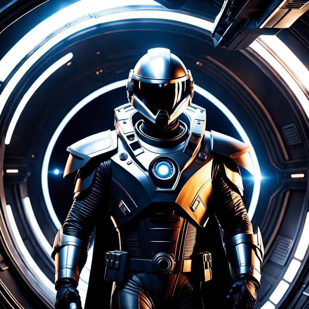 Epic Space Opera Hero in Spaceship Interior