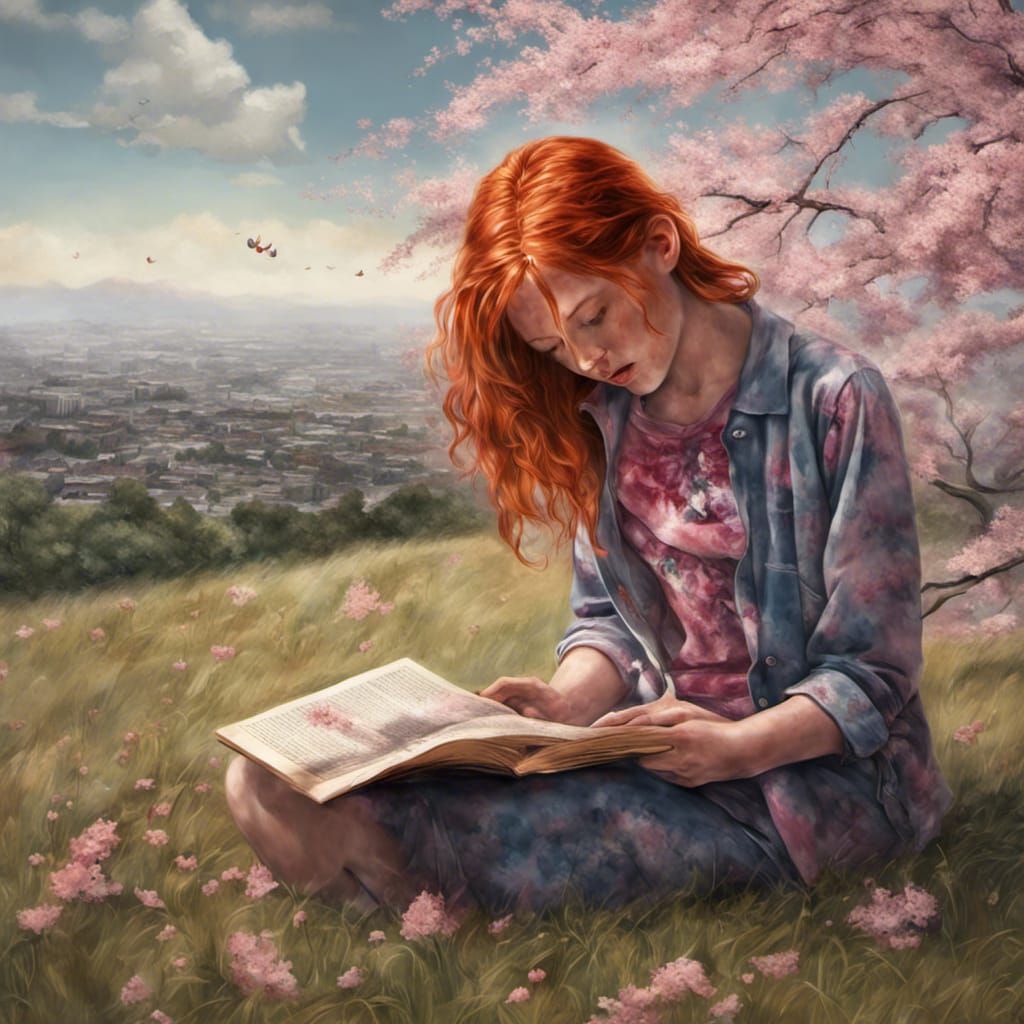 Redhead Girl with Book on Hill: Hyperrealistic Portrait