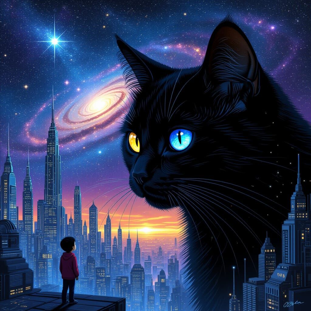 Colossal Cat in Futuristic Megalopolis
