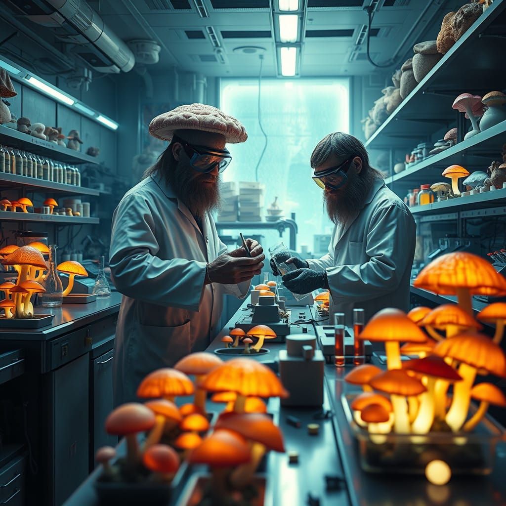 Futuristic Bioengineering Lab with Humanoid Mushrooms and Bi...