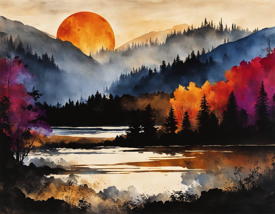 Vintage Forest Lake Sunset in European Ink Style
