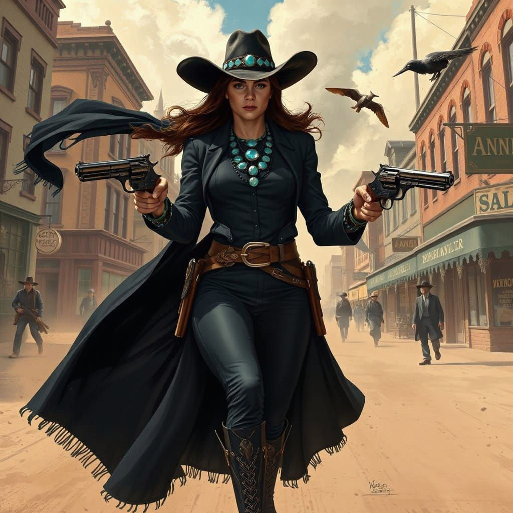 Heroine in Black Fires Revolvers on Dusty Old West Street