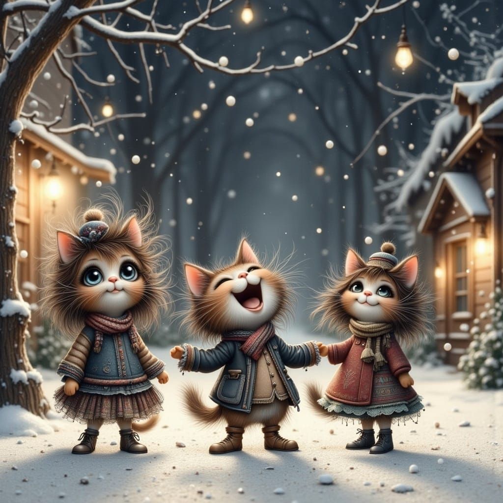 Whimsical Cartoon Cats Sing Carol in Snowy Victorian Landsca...
