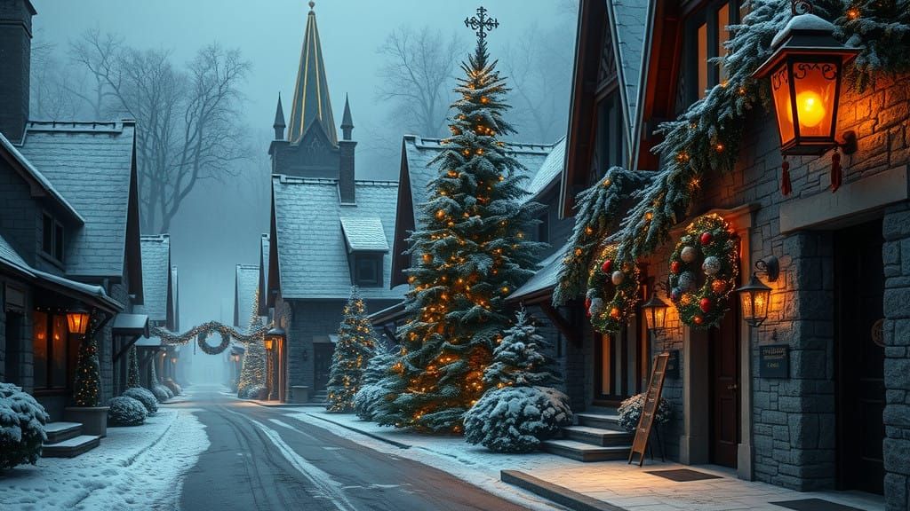 Christmas Village Street Scene in Hyperrealistic Style