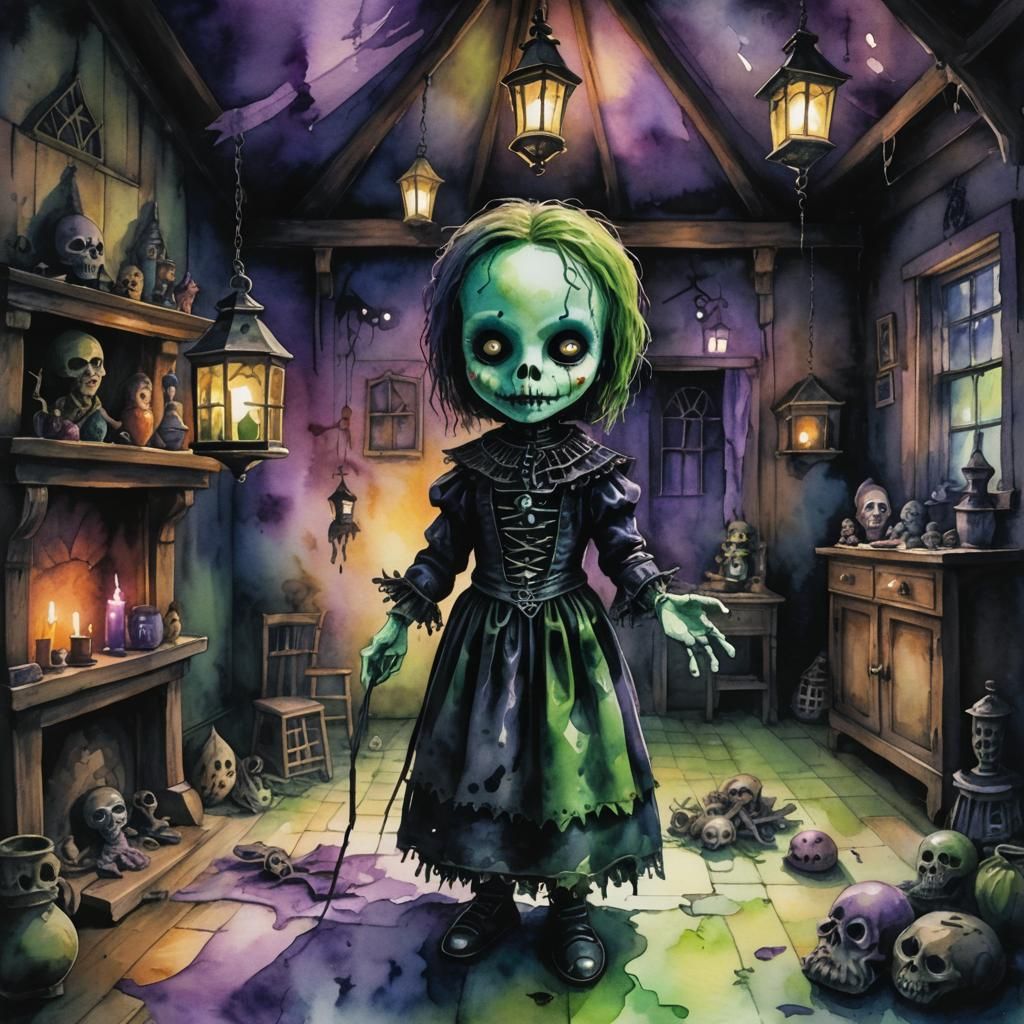Scary Voodoo Doll in Haunted House: Watercolor
