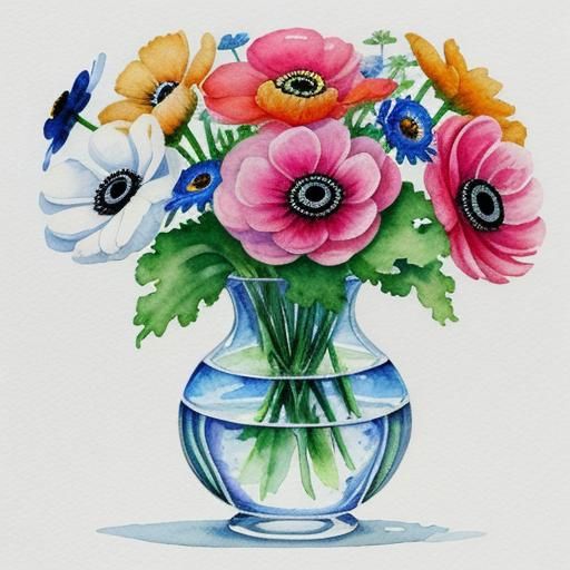 Watercolor Anemones in Crystal Vase Illustration