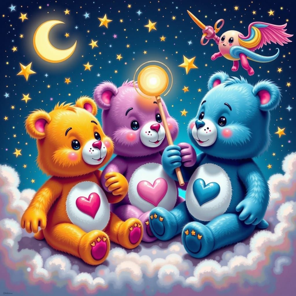 Care Bears Under Starry Sky in Beatrix Potter Style