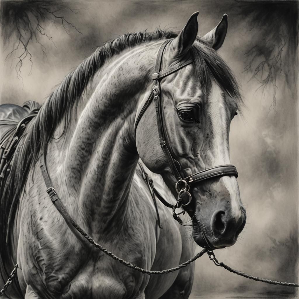 Gray Horse in Charcoal Drawing with Dramatic Lighting