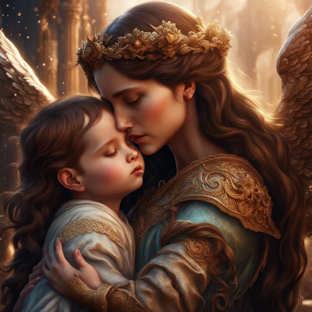 Baby Angel Kisses Mother in Detailed Fantasy Art
