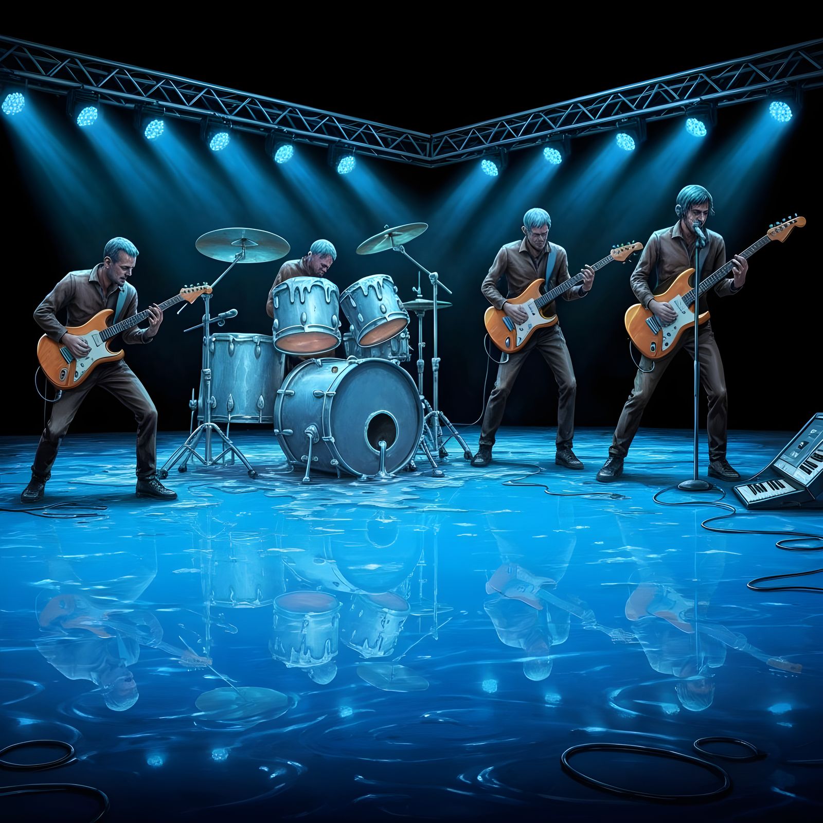 Rock Band Performs on Stage with Liquid Silver Drums and Oil...
