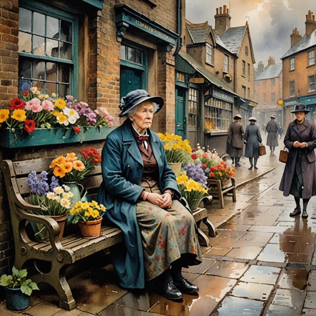 Victorian Street Scene with Flower Seller in Moody Watercolo...