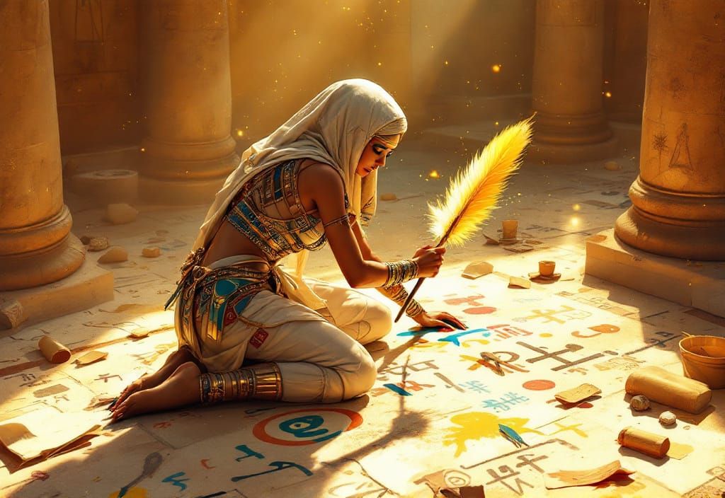 Egyptian Mummy Painting Hieroglyphs in Gouache Style