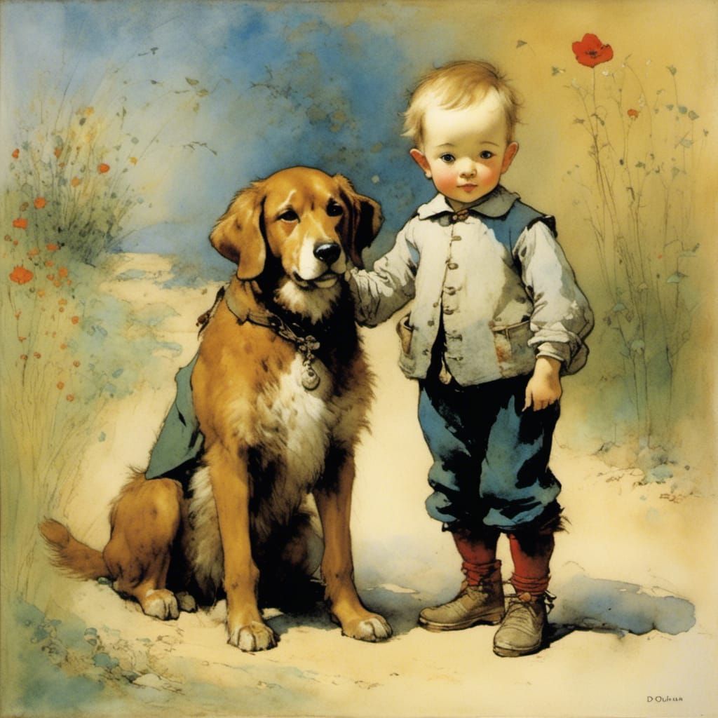 Boy and Dog in Dreamlike Symbolist Style