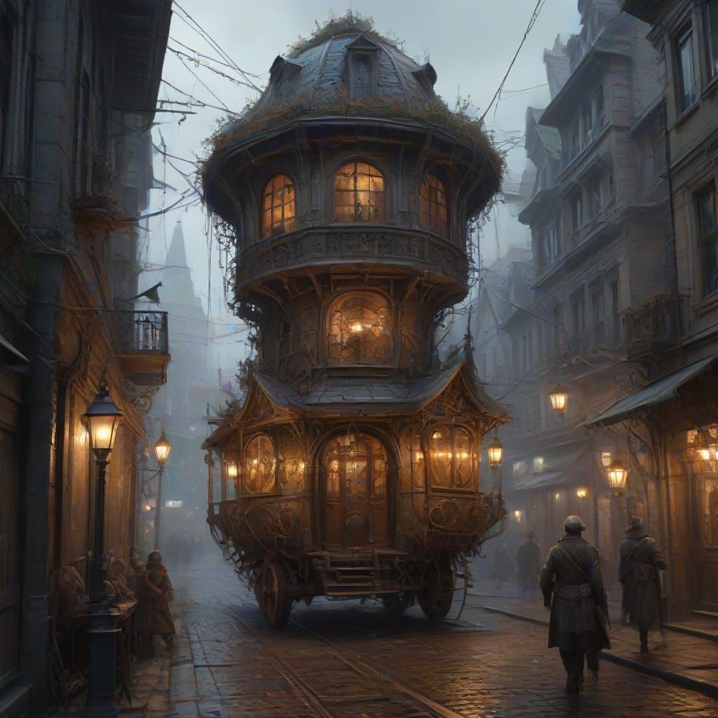 Steampunk Victorian City Overgrown with Luminous Spiderwebs