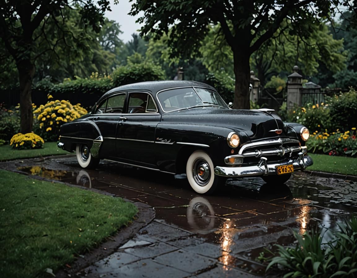 Custom 1950s Fastback Car in Dark Garden