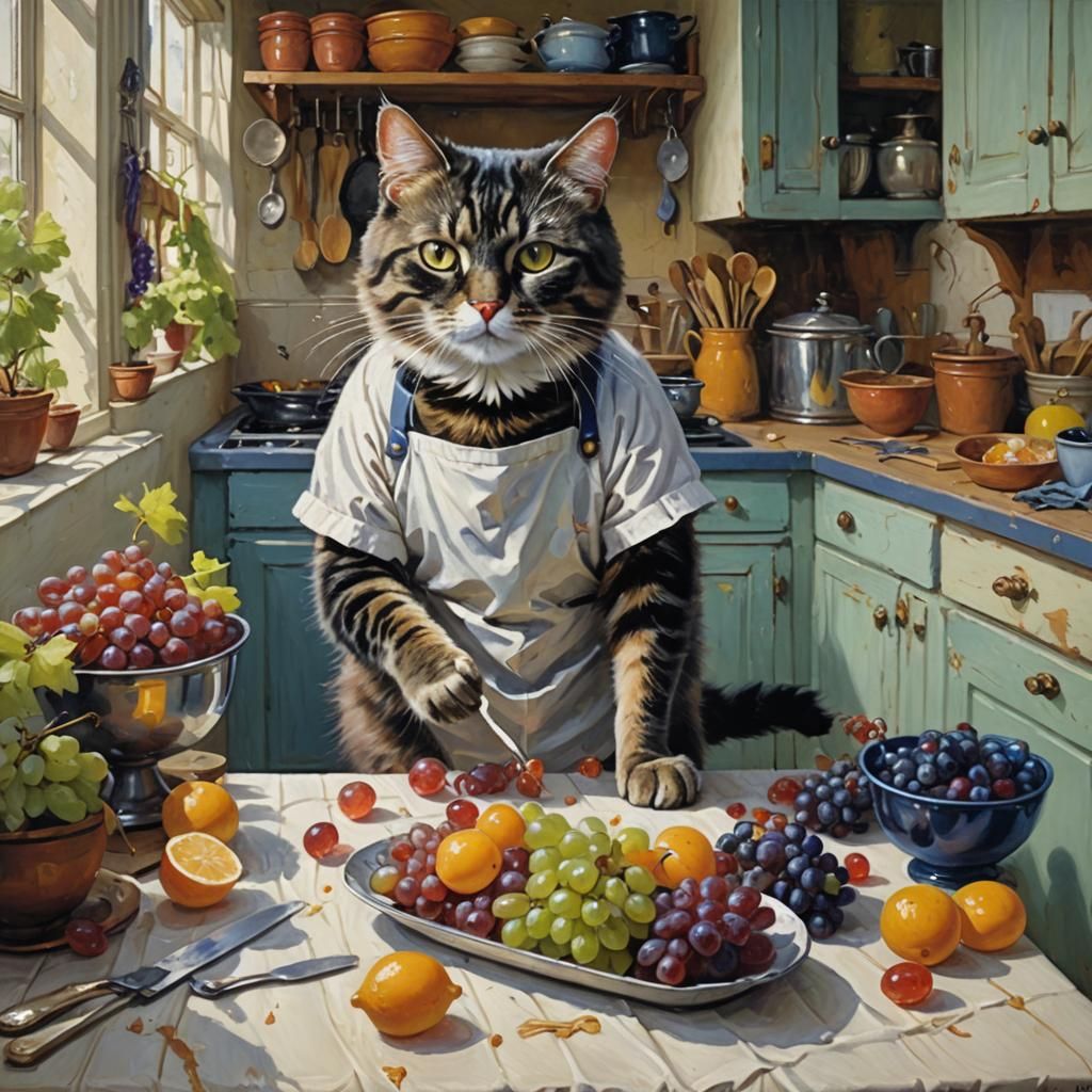 Cat Chef Makes Jelly: Oil Painting