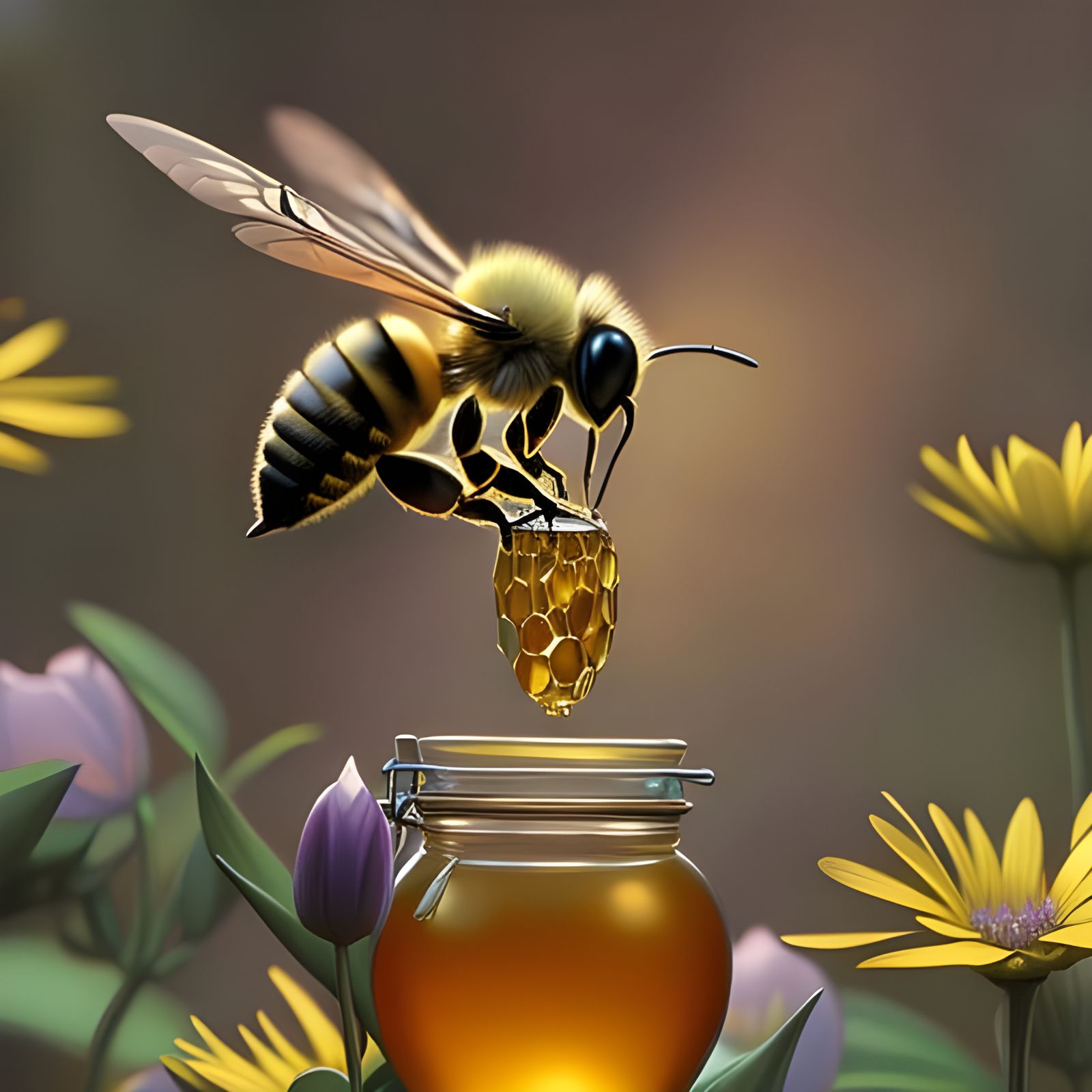 honey bee dropping honey in a honey jar