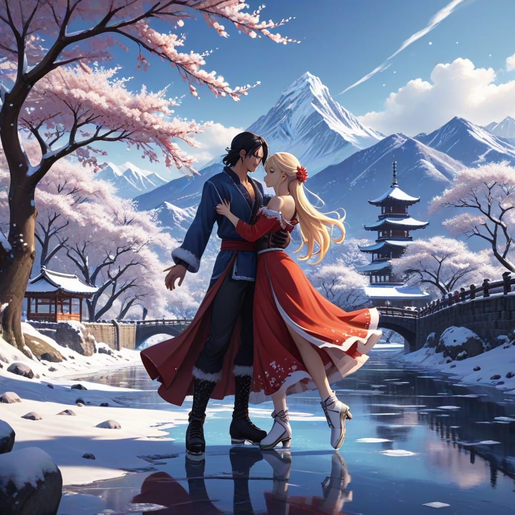 Anime Couple Ice Skating Gracefully in Winter Wonderland