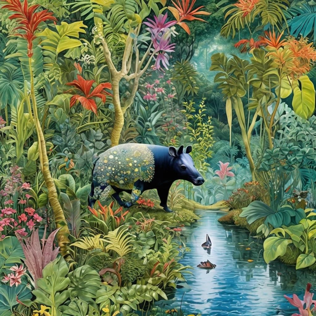 Tapir Frolicking in Tropical Collage Art