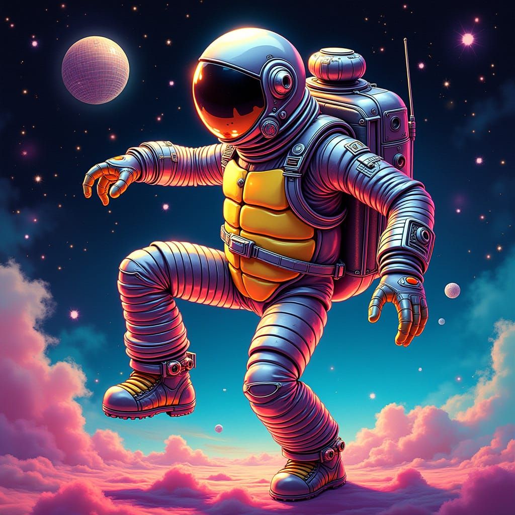 Vibrant Futuristic Turtle Astronaut in Neon Disco Galaxy