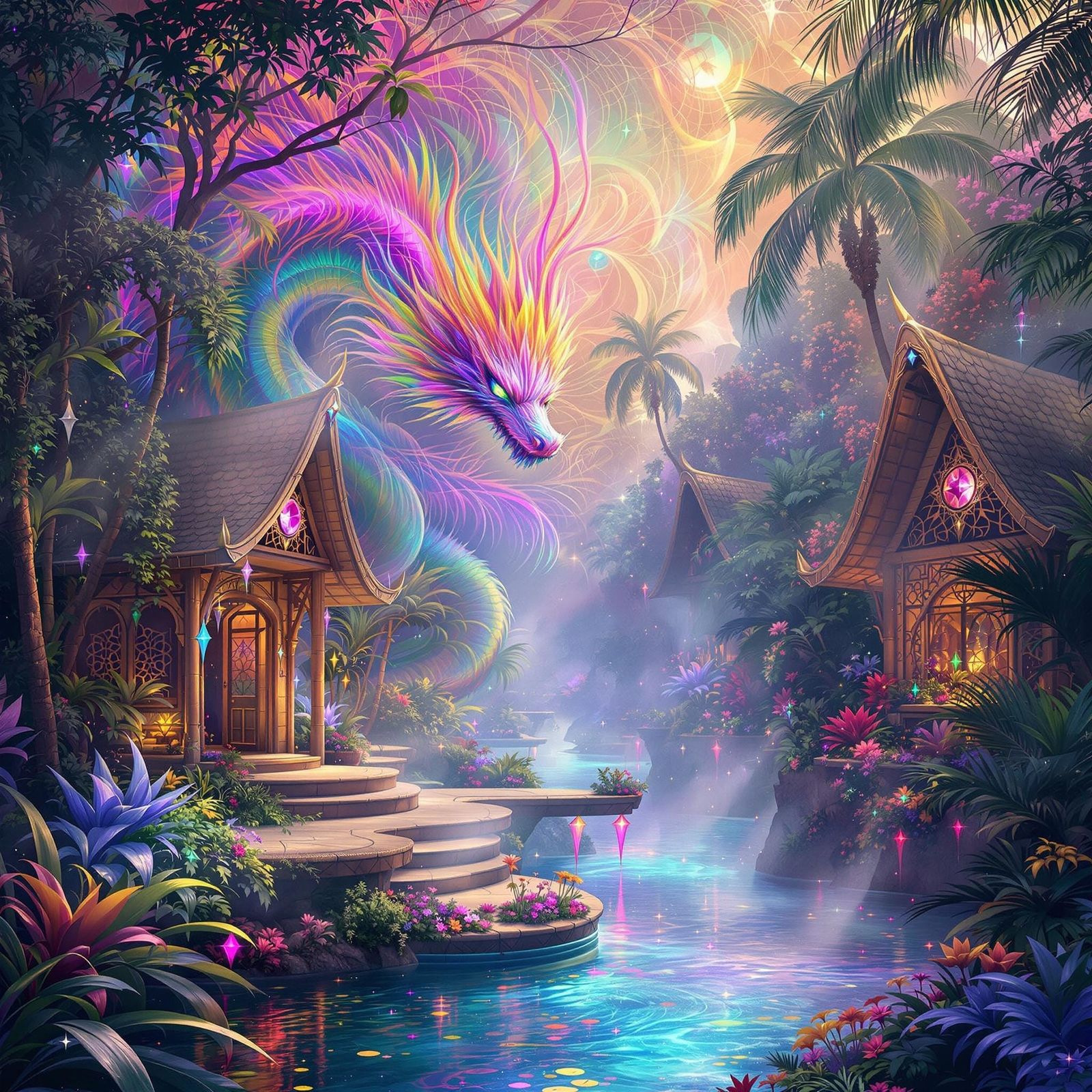 Bamboo Bohemian Paradise Oasis with Rainbow Dragon
