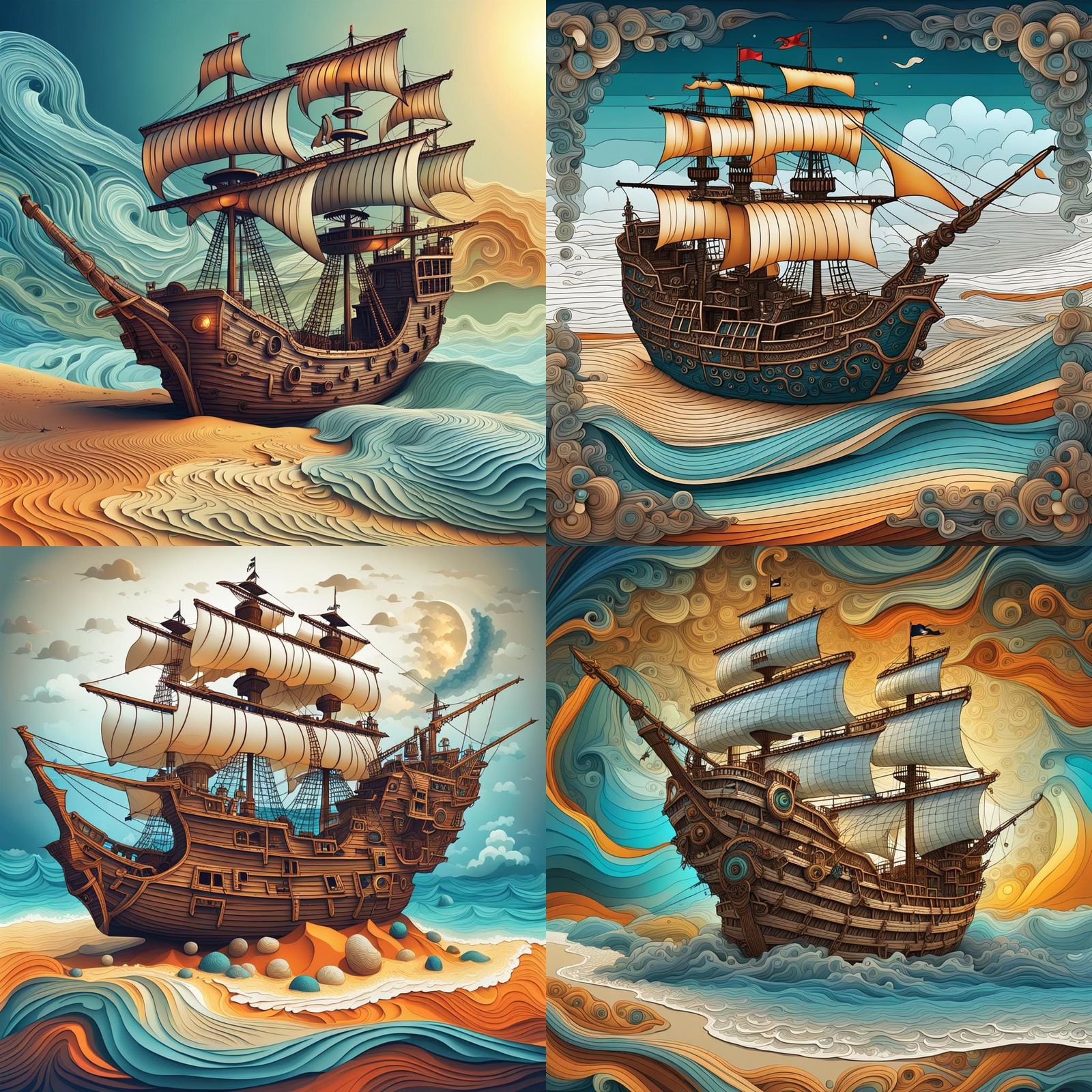 Cotton String Pirate Ship on Beach: Abstract Fractal Art