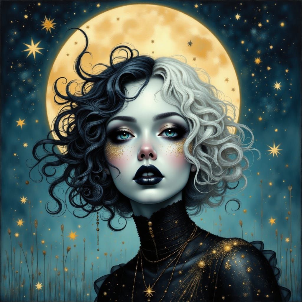 Whimsical Witch with Bioluminescent Glitters in the Sky