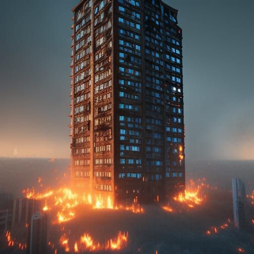 Burning Tower Block: 3D Rendered Fantasy Art